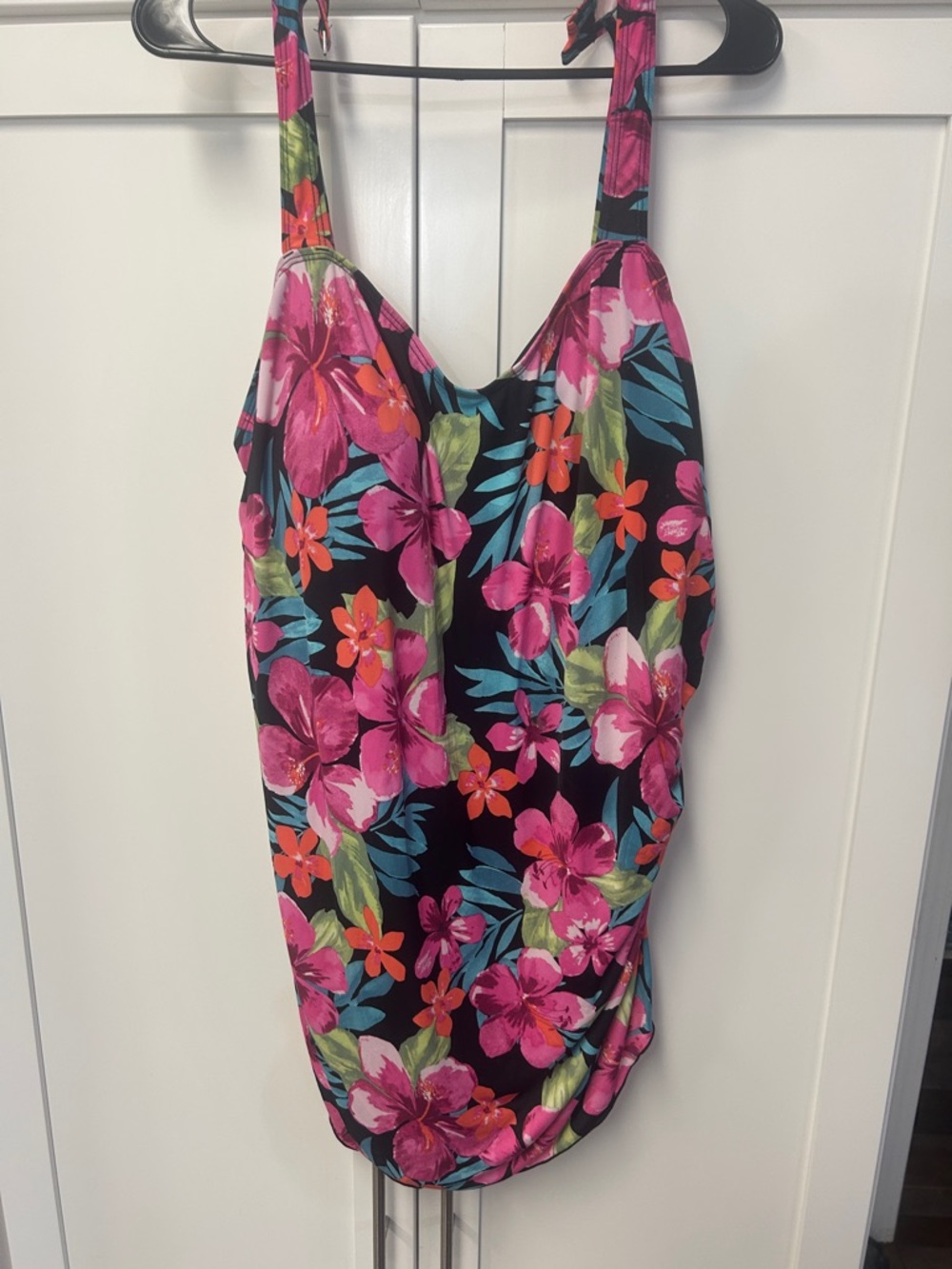 Black Floral One-Piece Swimsuit with Pink & Teal Flowers